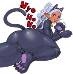  1girl :3 animal_ears ass black_bodysuit bodysuit cat_ears cat_tail catsuit commentary_request dark_skin elf-san_wa_yaserarenai. fake_animal_ears fang highres huge_ass kuroeda-san long_hair mole mole_under_eye paw_pose ponytail red_eyes silver_hair simple_background smile solo synecdoche tail thick_thighs thighs white_background 