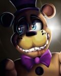 2020 4:5 animatronic anthro black_nose blood blood_from_mouth blood_on_face blue_eyes bodily_fluids bow_tie brown_ears close-up clothing five_nights_at_freddy&#039;s five_nights_at_freddy&#039;s_4 fredbear_(fnaf) glistening glistening_eyes half-closed_eyes hat headgear headwear hi_res light looking_aside looking_away lordofthefeathers machine male mammal multicolored_ears narrowed_eyes portrait robot round_ears shadow simple_background smile solo tan_background teeth top_hat two_tone_ears ursid video_games yellow_body yellow_ears 