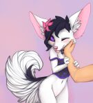  2020 adra ambiguous_gender anthro blep bottomless canid canine clothed clothing collar duo female fennec fox fur hi_res human inner_ear_fluff mammal navel one_eye_closed petting pink_nose pink_tongue purple_background purple_eyes simple_background tongue tongue_out tuft white_body white_fur yshanii 