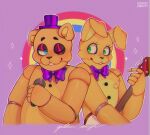  2020 ambiguous_gender animatronic anthro banjo_(instrument) blush bow_tie buckteeth clothing duo english_text eye_contact eyelashes five_nights_at_freddy&#039;s five_nights_at_freddy&#039;s_4 fredbear_(fnaf) fur happy hat headgear headwear hi_res holding_microphone holding_object lagomorph leporid long_ears looking_aside looking_at_another machine male mammal microphone multicolored_body multicolored_ears multicolored_fur musical_instrument one_eye_closed one_eye_half-closed orange_body orange_ears plucked_string_instrument poisoned-c00kies portrait purple_background rabbit rainbow raised_arm robot simple_background singer slightly_chubby smile sparkles spring_bonnie_(fnaf) standing string_instrument teeth text top_hat two_tone_body two_tone_ears two_tone_fur ursid video_games yellow_body yellow_ears yellow_fur 