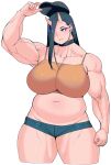  1girl alternate_hairstyle arm_up baseball_cap belly biceps black_hair blush breasts camisole choker clenched_hand collarbone cowboy_shot denim denim_shorts earrings elf-san_wa_yaserarenai. groin hair_over_one_eye hat hat_removed headwear_removed highres horns jewelry large_breasts long_eyelashes long_hair looking_to_the_side muscular muscular_female navel oga-san oni oni_horns plump pointy_ears red_eyes removing_headwear short_shorts shorts skin-covered_horns slit_pupils solo spaghetti_strap synecdoche thick_thighs thighs veins white_background 