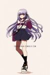  1girl alternate_costume bag bangs black_legwear blunt_bangs blush braid casual closed_mouth clothes_tucked_in collarbone commentary criis-chan danganronpa:_trigger_happy_havoc danganronpa_(series) duplicate full_body gloves hair_ribbon hand_up hood hood_down hoodie kirigiri_kyouko kneehighs long_hair long_sleeves looking_at_viewer pleated_skirt purple_bag purple_eyes purple_hair ribbon shoes shoulder_bag side_braid simple_background single_braid skirt sleeves_past_wrists sneakers socks solo tumblr_username 