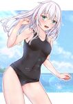 1girl black_swimsuit blue_eyes blue_sky breasts cloud commentary_request cowboy_shot hibiki_(kancolle) kantai_collection leaning_forward long_hair looking_at_viewer school_swimsuit shohei_(piranha5hk) silver_hair sky small_breasts solo standing swimsuit 