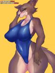  3:4 anthro beastars big_breasts breasts canid canine canis cleavage clothed clothing female girlsay hi_res juno_(beastars) mammal nipple_outline one-piece_swimsuit simple_background solo swimwear wide_hips wolf yellow_background 