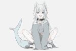  1girl animal_ears bandaged_ankle blue_eyes blue_hair collar fish_tail gawr_gura hololive hololive_english kemonomimi_mode multicolored_hair shark_tail sharp_teeth silver_hair sketch sleeves_past_fingers sleeves_past_wrists smile solo squatting streaked_hair tail teeth tikano_(tno6563) virtual_youtuber wolf_ears 