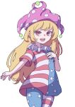  1girl :d absurdres american_flag american_flag_legwear american_flag_shirt bangs blonde_hair clownpiece cowboy_shot eyebrows_behind_hair frilled_shirt_collar frills hand_on_own_chest hat highres jester_cap kame_(kamepan44231) long_hair looking_at_viewer neck_ruff no_wings open_mouth pantyhose polka_dot polka_dot_headwear purple_headwear red_eyes shirt short_sleeves simple_background smile solo standing star_(symbol) star_print striped striped_legwear striped_shirt touhou white_background 