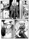  3:4 alternate_species anthro archer_emiya bodily_fluids canid canine canis claws domestic_cat fate_(series) felid feline felis furrification group holding_object holding_weapon japanese_text lancer_c&uacute;_chulainn_child_of_light lancer_of_black lion male mammal melee_weapon monochrome pantherine polearm rider_iskander size_difference smile spear sweat tail_between_legs takashi_(onikukku) text translation_request weapon wolf 
