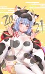  1girl 2021 absurdres animal_print bangs blue_hair blunt_bangs blush bra breasts cabbie_hat cleavage cow_hat cow_horns cow_print dated detached_sleeves draph earrings eyebrows_visible_through_hair granblue_fantasy hat highres horns huge_breasts jewelry large_breasts long_hair looking_at_viewer navel open_mouth pinku_pansaa plump pointy_ears print_headwear print_legwear ribbon shatola_(granblue_fantasy) sheer_clothes short_shorts shorts simple_background sitting thick_thighs thighhighs thighs unbuttoned_shorts underwear v very_long_hair white_legwear white_ribbon white_shorts wide_sleeves yellow_background 