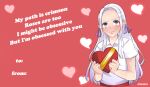  1340smile 1girl absurdres blush box chocolate edelgard_von_hresvelg fire_emblem fire_emblem_heroes gift gift_box hair_ornament hair_ribbon happy_valentine heart-shaped_box highres long_hair looking_at_viewer purple_eyes ribbon school_uniform solo valentine white_hair 