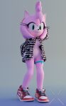  3d_(artwork) amy_rose anthro bodily_fluids clothed clothing digital_media_(artwork) egg_vibrator eulipotyphlan female footwear fur genital_fluids genitals green_eyes hedgehog hi_res hitmarker jacket mammal meme meme_clothing no_underwear pink_body pink_fur pussy sex_toy solo sonic_the_hedgehog_(series) standing topwear vibrator 