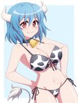  1girl animal_print bell bikini blue_hair blush breasts cleavage closed_mouth collar collarbone covered_nipples cow_girl cow_horns cow_print cow_tail eyebrows_visible_through_hair groin hands_on_hips horns jashin-chan_dropkick large_breasts looking_at_viewer minos_(jashin-chan_dropkick) navel neck_bell red_eyes shiny shiny_hair shiny_skin short_hair side-tie_bikini smile solo standing swimsuit swimwear tail zetsumu 