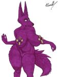  absurd_res anthro anubis areola big_breasts biped breasts canid canine canis curvaceous curvy_figure deity egyptian_mythology female fur genitals hi_res huge_breasts jackal mammal middle_eastern_mythology mythology nipple_piercing nipple_shield nipples nude piercing plump_labia purple_body purple_fur pussy realius simple_background solo standing thick_thighs traditional_media_(artwork) voluptuous wide_hips 