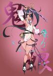  7fukuinu absurd_res black_hair blue_eyes clothed clothing female hair hi_res holding_object holding_sword holding_weapon horn horned_humanoid humanoid katana melee_weapon not_furry pink_body solo sword weapon wide_hips 