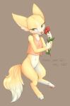  2020 anthro blood bodily_fluids bottomless canid canine clothed clothing english_text feet female fennec fingers flower fox fur green_eyes hi_res holding_flower holding_object leaf mammal multicolored_body multicolored_fur navel pawpads pink_nose pink_pawpads plant rose_(flower) solo tears text toes two_tone_body two_tone_fur white_body white_fur yellow_body yellow_fur yshanii 
