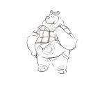  2021 anthro cade_(the_human_heart) clothing eyes_closed kemono leonthelionel male mammal overalls overweight overweight_anthro overweight_male shirt simple_background sketch solo the_human_heart_(game) topwear ursid video_games visual_novel white_background 