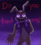  2020 ? abstract_background absurd_res anthro big_bow_tie black_nose bottomless bottomless_anthro bottomless_male bow_tie buckteeth clothed clothing dialogue english_text eyelashes featureless_crotch five_nights_at_freddy&#039;s five_nights_at_freddy&#039;s_vr:help_wanted fnaf_vr_help_wanted glitch glitchtrap half-closed_eyes hi_res katdaykatz lagomorph leporid long_ears long_whiskers looking_at_viewer male mammal multicolored_body multicolored_ears narrowed_eyes open_mouth pink_eyes purple_background question rabbit reaching reaching_out reaching_towards_viewer simple_background smile solo standing stitch_(sewing) tan_body tan_ears teeth text topwear two_tone_body vest video_games whiskers white_ears 