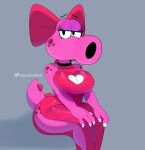  2021 anthro big_breasts birdo bow breasts choker claws cleavage_cutout clothing curvy_figure dress eyelashes female grey_background half-closed_eyes hands_on_own_legs hi_res jewelry looking_at_viewer mario_bros narrowed_eyes necklace nintendo pink_body side_slit simple_background sitting solo somescrub video_games 