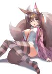  1girl :d animal_ear_fluff animal_ears aqua_eyes between_breasts breasts brown_hair cleavage dress_shirt fox_ears fox_girl fox_tail hair_between_eyes highres jacket kitsune large_breasts large_tail long_hair long_sleeves looking_at_viewer multiple_tails no_pants no_shoes open_clothes open_jacket open_mouth original pink_jacket plushmallow shimotsuki_shio shirt simple_background sitting smile solo striped striped_legwear tail thighhighs thighs twintails very_long_hair white_background white_shirt 