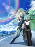  1girl blush bodysuit breasts character_request cleavage cloud green_hair ground_vehicle helmet high_heels highres large_breasts leaves_in_wind lens_flare long_hair motor_vehicle motorcycle motorcycle_helmet obiwan ocean purple_eyes rainbow road solo z/x 