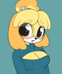  2019 accessory animal_crossing anthro blonde_hair breasts canid canine canis cleavage cleavage_cutout clothed clothing domestic_dog eyewear female floppy_ears glasses hair hair_accessory hi_res isabelle_(animal_crossing) mammal moozua nintendo open_mouth shih_tzu simple_background solo sweater topwear toy_dog video_games 