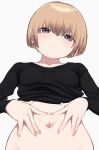  1girl absurdres bangs black_eyes blush bouen breasts brown_hair covered_nipples eyebrows_visible_through_hair highres looking_at_viewer original short_hair solo spread_navel stomach 