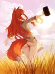  1girl animal_ears ass bottomless brown_hair cloud cloudy_sky cup english_commentary feguimel highres holding holding_cup holo long_hair long_sleeves looking_at_viewer open_mouth outdoors shirt sky solo spice_and_wolf standing sun t-pose tail wheat_field wide_sleeves wolf_ears wolf_girl wolf_tail 