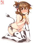  1girl alternate_costume animal_ears animal_print artist_logo bikini bikini_top_removed blush brown_eyes brown_hair commentary_request cow_ears cow_horns cow_print cow_tail dated ear_tag fake_animal_ears fake_horns flat_chest folded_ponytail highres holding holding_clothes horns inazuma_(kancolle) kanon_(kurogane_knights) kantai_collection long_hair nose_blush one_eye_closed side-tie_bikini simple_background solo swimsuit tail thighhighs topless trembling white_background white_bikini white_legwear 
