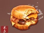  bacon bread_bun brown_background cheese food food_focus hamburger highres kaneko_ryou meat no_humans original pastry realistic simple_background steam still_life translation_request 