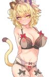  1girl animal_ear_fluff animal_ears arms_behind_back bangs bare_shoulders black_bow blonde_hair blush bow bow_bra bow_panties bra breasts collarbone commentary_request cowboy_shot extra_ears eyebrows_visible_through_hair female_pubic_hair garter_belt groin hair_between_eyes highres kemono_friends large_breasts lingerie lion_(kemono_friends) lion_ears lion_girl lion_tail looking_at_viewer navel nipples nose_blush panties pubic_hair red_bow see-through short_hair simple_background smile solo tail thighhighs tsukeo underwear underwear_only white_background yellow_eyes 