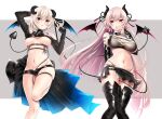  2girls horns long_hair navel no_bra pink_hair pointed_ears shorts skirt tagme_(character) tail touwa_iyo wings 