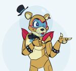  2020 animatronic anthro black_nose blep blue_body blue_eyes bodypaint bow_tie bracelet brown_body brown_ears brown_tail claws clothing ear_piercing face_paint fangs featureless_crotch finger_gun five_nights_at_freddy&#039;s five_nights_at_freddy&#039;s:_security_breach foxflamez gesture glamrock_freddy_(fnaf) hat headgear headwear jewelry looking_aside looking_away machine male mammal multicolored_body multicolored_ears one_eye_closed pecs piercing pose red_tongue robot rockstar sharp_claws sharp_teeth smile solo space_helmet spiked_bracelet spikes standing tan_body tan_ears teeth tongue tongue_out top_hat ursid video_games 
