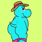  1:1 anthro blue_body blue_skin blush brown_clothing brown_hat brown_headwear butt clothing common_hippopotamus hat headgear headwear hippopotamid male mammal nishi_oxnard red_clothing simple_background solo undressing yellow_background 