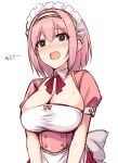  1girl @_@ alternate_costume apron bangs blue_eyes blush breasts cleavage dress enmaided horosuke_(toot08) large_breasts maid maid_headdress open_mouth pink_dress pink_hair princess_connect! princess_connect!_re:dive puffy_short_sleeves puffy_sleeves short_sleeves waist_apron wavy_mouth yui_(princess_connect!) 