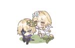  1boy 1girl blonde_hair blue_eyes blush_stickers cape chibi dainsleif_(genshin_impact) dress flower genshin_impact grass hair_flower hair_ornament happy holding holding_flower honeymilk0252 lumine_(genshin_impact) simple_background smile white_background yellow_eyes 