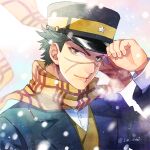  1boy artist_name black_hair brown_eyes golden_kamuy hand_up hat jin_akhr kepi male_focus military_hat scar scar_on_cheek scar_on_face scar_on_nose scarf short_hair simple_background smile snow solo sugimoto_saichi upper_body wind yellow_scarf 