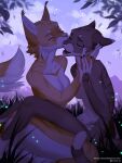  2021 absurd_res anthro anthro_on_anthro anthrofied breasts cheek_tuft dipstick_tail domestic_cat duo eyes_closed facial_tuft felid feline felis female female/female fur grass hi_res kissing_cheek leafpool_(warriors) mammal mothwing_(warriors) multicolored_tail nude open_mouth outside plant riska_(artist) sitting striped_body striped_fur stripes text tuft url white_body white_fur 