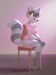  2021 3:4 ajin anthro bottomless breasts chair claws clothed clothing female fluffy fluffy_tail fur furniture gloves_(marking) grey_body grey_claws grey_fur grey_hair hair hands_on_knees hi_res leg_markings looking_away mammal markings medium_breasts orange-eyes pink_clothing pink_shirt pink_topwear procyonid raccoon shirt simple_background sitting smile socks_(marking) solo striped_tail stripes t-shirt toe_claws topwear 