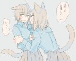  2girls animal_ears arm_grab blue_shirt blush cat_ears cat_tail eyebrows_visible_through_hair grey_hair grey_skirt long_hair long_sleeves looking_at_another looking_to_the_side medium_hair multiple_girls nekoya_saki original shirt simple_background skirt sleeve_tug sweatdrop tail yuri 