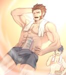  2boys abs absurdres alternate_costume bangs bara black_hair blue_eyes blush boxer_briefs brown_hair bulge command_spell eyebrows_visible_through_hair facial_hair fate/grand_order fate_(series) fujimaru_ritsuka_(male) goatee hand_on_hip hand_on_own_head highres large_pectorals long_sideburns looking_at_viewer male_focus male_underwear multiple_boys muscular muscular_male napoleon_bonaparte_(fate) no_pants object_on_bulge one_eye_closed open_mouth pectorals scar shampoo_bottle shampoo_challenge shirtless short_hair simple_background smile stomach towel underwear underwear_only upper_body watermark wet yaosan233 