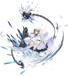  1girl azur_lane boots braid brown_hair coat dress feathered_wings feathers full_body fur-trimmed_coat fur_trim gremyashchy_(azur_lane) highres long_hair looking_at_viewer official_art solo torpedo_tubes transparent_background very_long_sleeves white_coat white_dress white_footwear white_headwear wings yellow_eyes yyy_(zelda10010) 