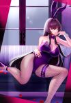  1girl animal_ears asakou_(n_morninglight) bare_shoulders breasts bunny_ears cleavage couch detached_collar fate/grand_order fate_(series) fishnet_legwear fishnets flower hair_intakes head_rest highres indoors large_breasts leg_garter leotard petals piercing_bunny playboy_bunny purple_flower purple_hair purple_leotard red_eyes rose_petals scathach_(fate) scathach_(fate)_(all) sitting smile solo strapless 