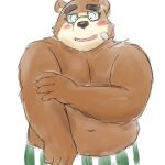  1:1 2021 anthro belly blush bottomwear brown_body brown_fur clothing eyewear fur glasses hi_res humanoid_hands kemono male mammal navel overweight overweight_anthro overweight_male shorts simple_background solo tokyo_afterschool_summoners ursid video_games volos white_background yaki_atsuage 