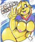  absurd_res adventure_time anthro breasts bronwyn canid canine canis cartoon_network domestic_dog female hi_res horn horned_humanoid humanoid hybrid mammal mcdave19 rainicorn solo tongue tongue_out traditional_media_(artwork) ursid yellow_body 