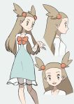  1girl bow dress full_body gym_leader hair_ornament highres jasmine_(pokemon) light_brown_eyes light_brown_hair long_dress long_hair looking_at_viewer looking_to_the_side multiple_views orange_bow pokemon pokemon_(game) pokemon_hgss smile standing yoshi_(moco1) 