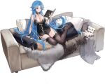  1girl artist_request azur_lane bare_shoulders bear black_legwear blue_eyes blue_hair blush book breasts cleavage closed_eyes couch eyebrows_visible_through_hair feet garter_straps hair_between_eyes highres holding holding_book indoors large_breasts long_hair official_alternate_costume official_art on_couch open_book pillow sidelocks sitting sleepwear smile sovetskaya_belorussiya_(azur_lane) sovetskaya_belorussiya_(relaxation_stratagem)_(azur_lane) thighhighs toy transparent_background very_long_hair 