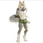  1:1 2020 anthro blonde_hair boxer_briefs bulge canid canine clothing fur grey_body grey_fur hair half-closed_eyes licking long_hair looking_at_viewer male mammal narrowed_eyes self_lick solo spoophoop standing tongue tongue_out underwear white_body white_fur 