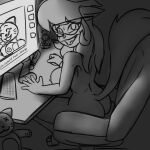  1:1 2021 anthro big_breasts bodily_fluids breasts butt callie_briggs callmewritefag caught chair computer desk digital_drawing_(artwork) digital_media_(artwork) domestic_cat english_text eyewear fear_sweat felid feline felis female furniture genitals glasses greyscale hair hanna-barbera hi_res looking_at_porn looking_at_viewer mammal mature_female monochrome nervous nipples nude office_chair open_mouth penis pornography scared sex_toy simple_background sketch solo swat_kats sweat sweatdrop sweaty_face text tongue 