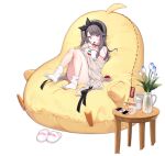  1girl azur_lane bangs bean_bag_chair black_hairband brown_cardigan byulzzi cardigan cellphone cherry chopsticks closed_eyes cup_noodle cup_ramen eating eyebrows_visible_through_hair flower food fruit grey_hair hairband highres instant_ramen long_hair looking_at_viewer official_alternate_costume official_art one_side_up open_cardigan open_clothes open_mouth pamiat_merkuria_(azur_lane) pamiat_merkuria_(sweet_cherry_memories)_(azur_lane) phone purple_eyes sitting smartphone smile socks solo transparent_background vase white_legwear 