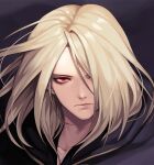 1boy bangs bishounen black_cape blonde_hair cape closed_mouth collarbone commentary_request evilgun face floating_cape floating_hair hair_between_eyes hair_over_one_eye igniz_(kof) lips looking_at_viewer male_focus portrait red_eyes short_hair solo the_king_of_fighters wind 