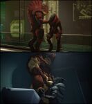  3d_(artwork) absurd_res alien armor balls bathroom blue_eyes cheap-wazoo digital_media_(artwork) duo fellatio genitals hand_on_chin hand_on_head hand_on_knee hand_on_leg hi_res holding_penis interspecies kneeling krogan male male/male mass_effect multi_balls multi_genitalia multiple_images muscular muscular_male nude oral penile penis sex sitting_on_railing size_difference source_filmmaker standing standing_sex turian video_games xenophilia 